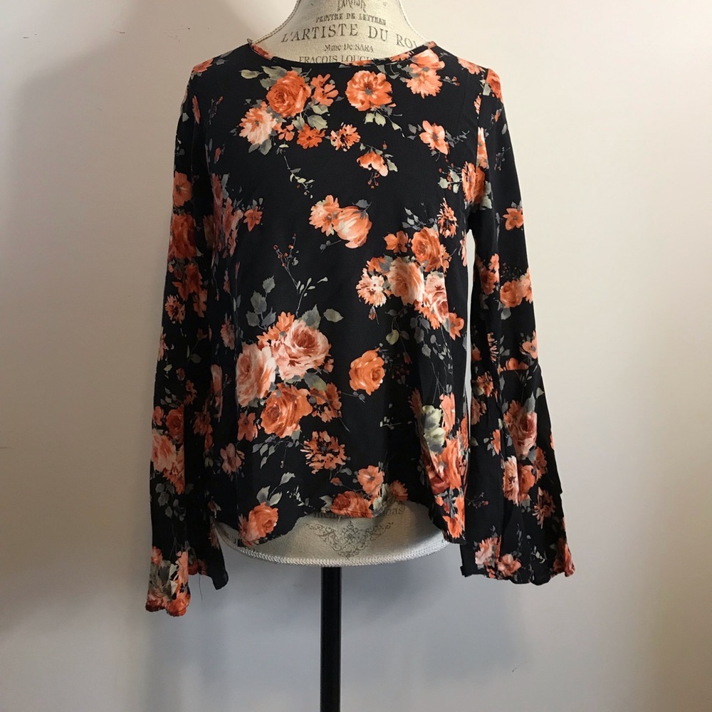 One Clothing black floral print blouse with bell sleeves